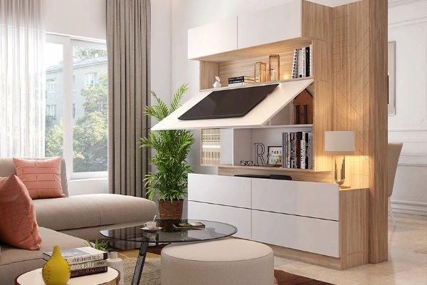 Tv unit with hidden storage behind